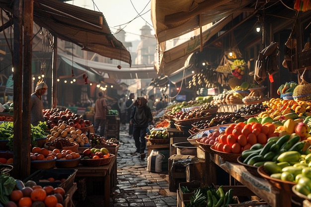 Een bruisende markt met verkopers die vers fruit verkopen