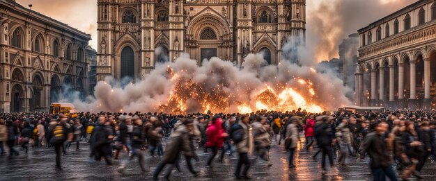 Foto een bruisende menigte loopt in de buurt van de majestueuze kathedraal terwijl een grote explosie op de achtergrond plaatsvindt