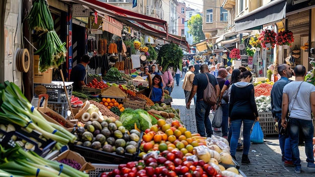 Foto een bruisende openluchtmarkt zit vol met mensen die verse producten kopen