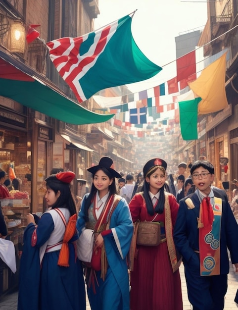 Een bruisende stadsstraat vol studenten van over de hele wereld die elk hun traditionele kleding dragen