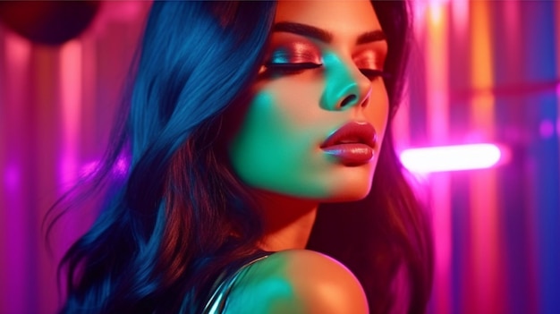 Een brunette mannequin poseert in een studio onder kleurrijke levendige neonlichten Generatieve AI een prachtige vrouwelijke huidige stralende make-up en glinsterende zilveren lippen