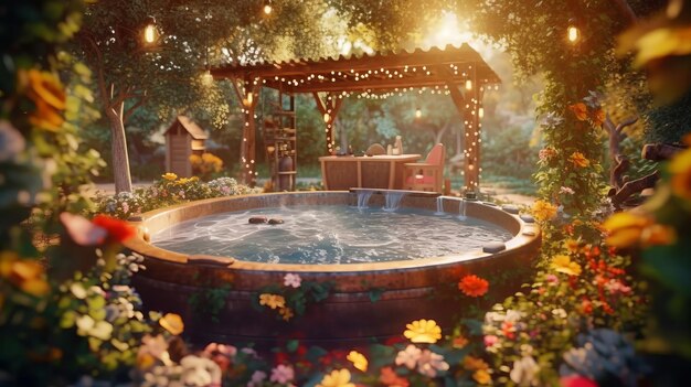 Een bubbelende hottub in een achtertuin Generatieve AI