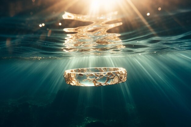 Foto een bubbelring onder water stijgt op naar de zon.