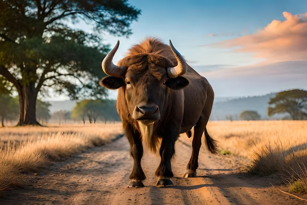 Een buffel loopt over een onverharde weg in Zuid-Afrika.