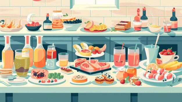Foto een buffet stijl smorgasbord voedsel dranken en desserts voor ontbijt bij aankomst hotel lunch met snacks brood eieren vlees sap thee en koffie een platte moderne illustratie