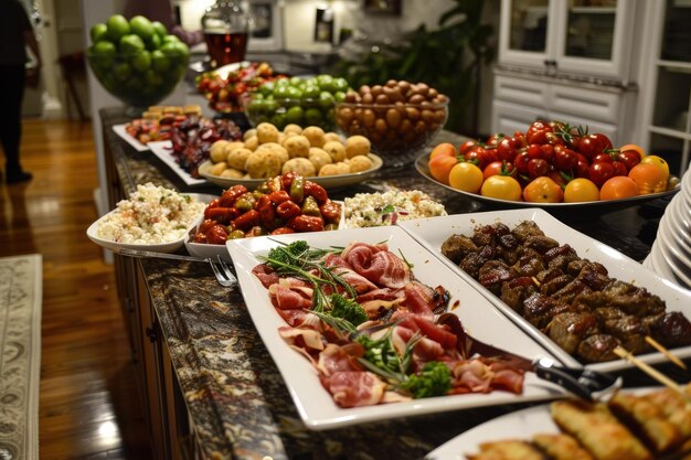 Foto een buffettafel vol met veel eten.