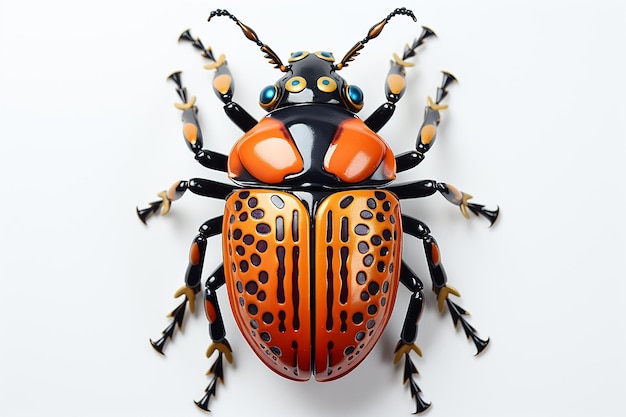 een bug met een zwart gezicht en oranje markeringen wordt getoond.