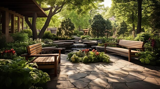 Foto een buiten tuin wachtkamer met natuurlijke houten banken een stenen pad weelderig groen en een rustige fontein middelpunt.