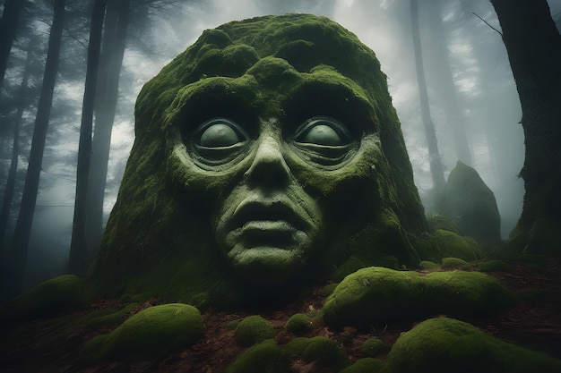 een buitenaards gezicht uitgehouwen in een gigantische rots bedekt met mos in een griezelig bos