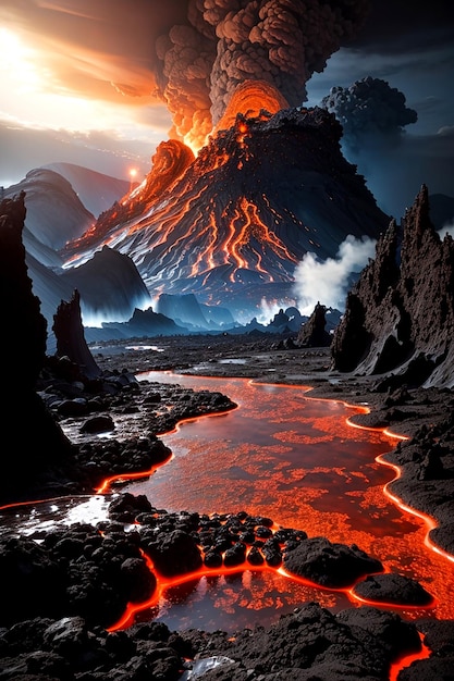 Een buitenaards landschap van een met lava gevulde planeet met borrelende zwembaden van gesmolten rots en torenhoge