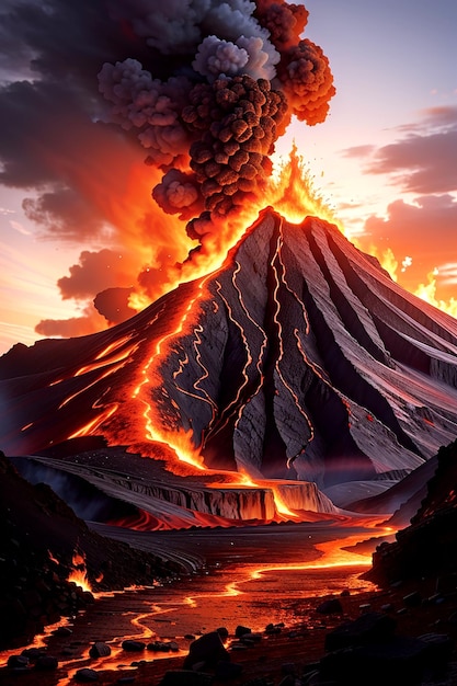 Een buitenaards landschap van een met lava gevulde planeet met borrelende zwembaden van gesmolten rots en torenhoge