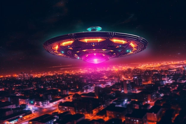 Een buitenaards schip dat over een stad vliegt met een stad op de achtergrond.
