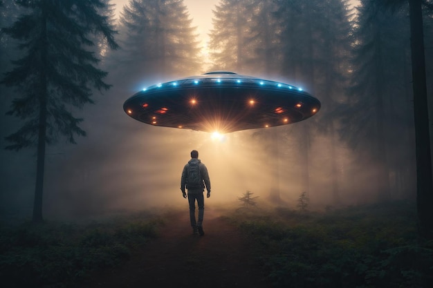 Een buitenaards UFO-schip steelt 's nachts een man in het bos ai generatief