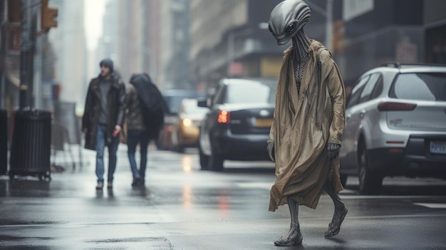 Een buitenaardse die door de stad loopt.