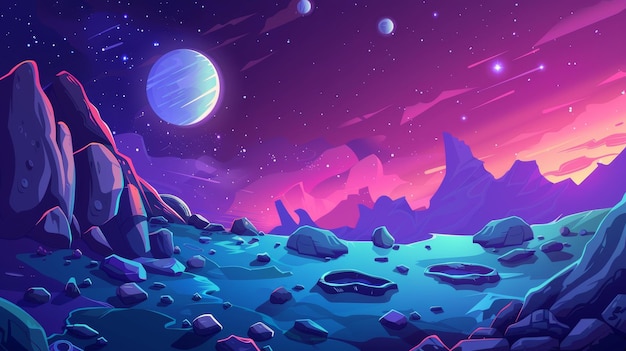 Een buitenaardse planeet oppervlak met kraters tegen een achtergrond van diepe kosmos hemel met ruimte objecten Cartoon moderne illustratie van kosmische landschap Object scène voor het verkennen van het universum