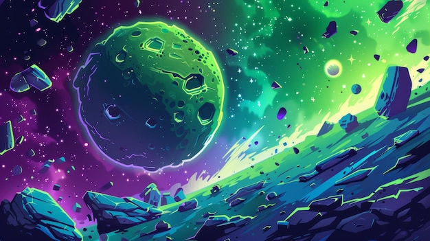 Foto een buitenaardse planeet39s oppervlak met giftige neon stof in scheuren stenen verspreid na een meteoriet inslag of explosie cartoon illustratie van de ruimte apocalyps achtergrond voor een avonturenspel