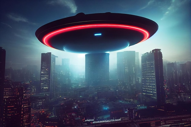 Een buitenaardse schotel zweeft boven de stad UFO buitenaardse invasie ongeïdentificeerd vliegend object