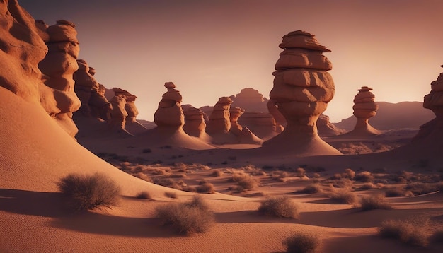 Een buitenaardse woestijnlandschap met ongewone rotsformaties levendige kleuren en dramatische schaduwen