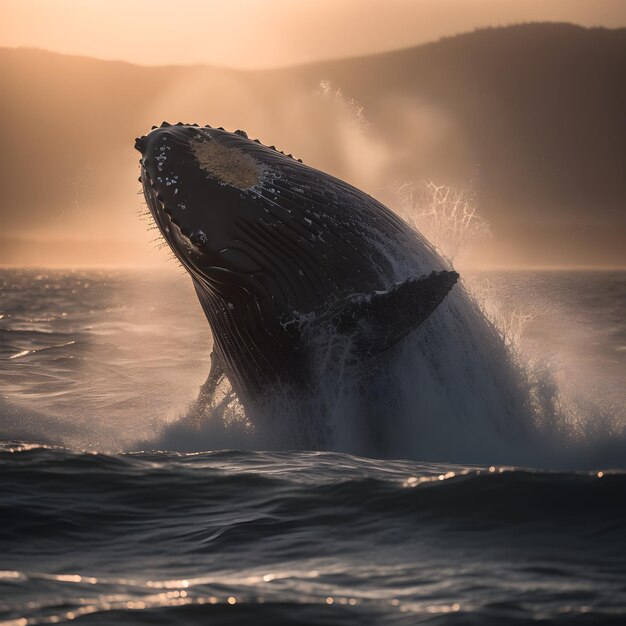 Een bultrugwalvis springt uit het water.