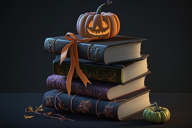 een bundel boeken versierd voor Halloween en met een lint gebonden aan de delen