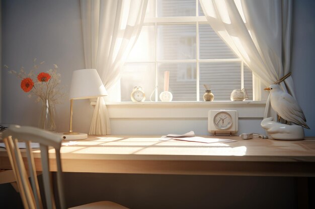 Foto een bureau bij het raam zacht zonlicht dringt door het raam lichte tonaliteit