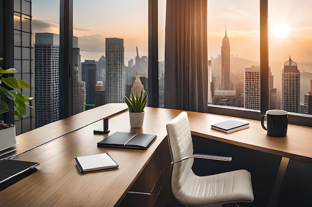 Een bureau in een hotelkamer met uitzicht op de skyline van de stad