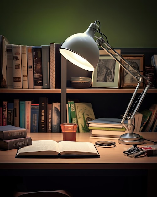 een bureau met boeken, een lamp en een boek erop