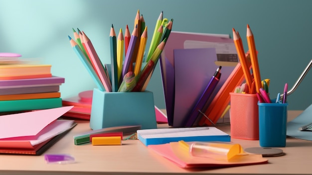 Een bureau met daarop een stapel kleurrijke potloden en een stapel boeken.