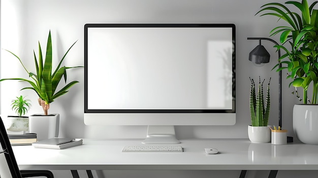 Een bureau met een computer toetsenbord muis en een lamp erop