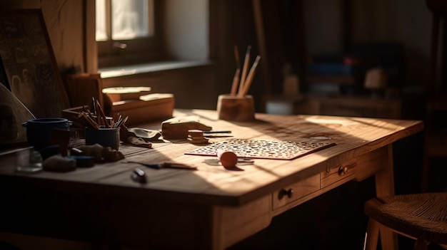 Een bureau met een houten tafel en een schilderij erop