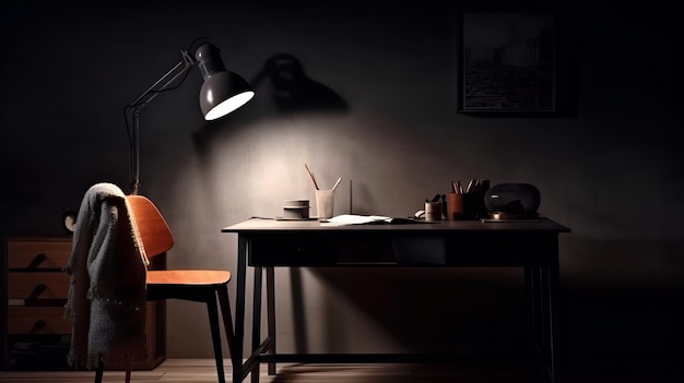 Een bureau met een lamp die 'het woord' erop zegt