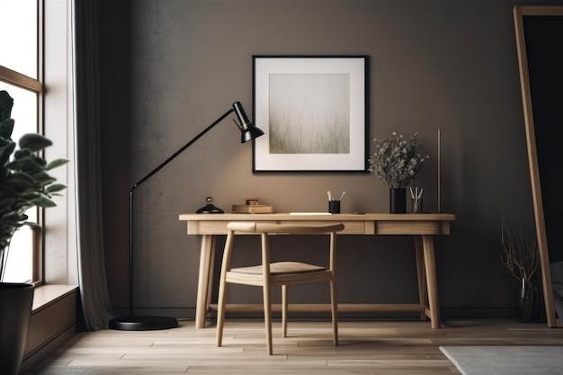 Een bureau met een lamp en een afbeelding van een plant aan de muur.