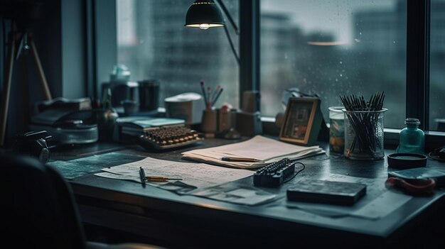 Foto een bureau met een lamp en een boek erop