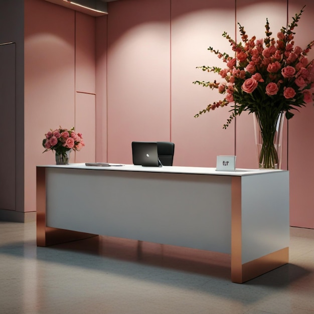 Foto een bureau met een laptop en bloemen erop