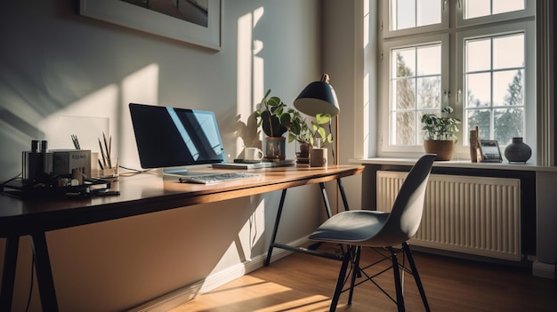Een bureau met een laptop en een lamp erop
