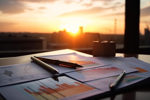 Een bureau met een pen en een stapel papieren met een zonsondergang op de achtergrond