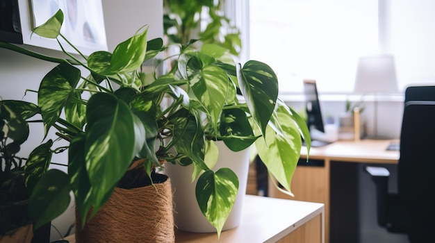 Een bureau met een plant erin en een computerscherm aan de muur