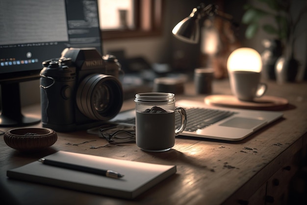 Een bureau met een toetsenbord van een computermuis en een koffiemok om werken op afstand te vertegenwoordigen