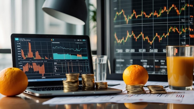 Een bureau met financiële documenten, munten en sinaasappel.