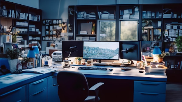 Een bureau met twee monitoren en een bureau met een laptop erop.