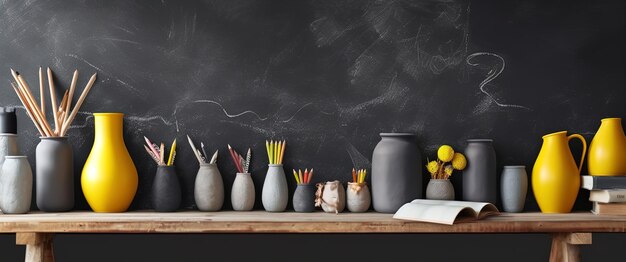 Foto een bureau met verschillende producten, pennen en planten