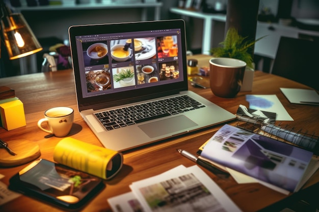 Een bureau van een ontwerper met een werktafel van een laptopontwerper Generatieve AI