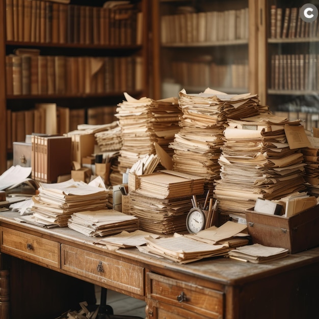 Foto een bureau vol oude boeken en papieren.