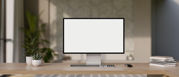Een bureaubladmodel en accessoires op een houten bureau in een moderne kantoorkamer