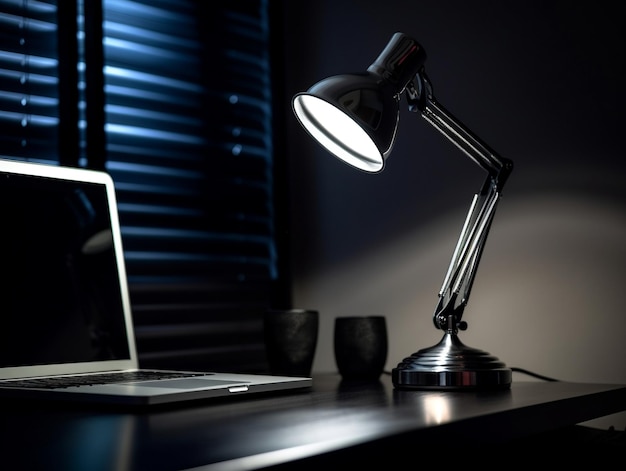 Een bureaulamp staat op een bureau met een laptop.