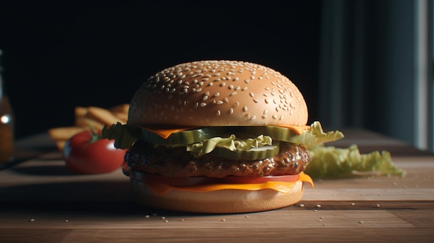 Een burger met een broodje en een salade erop