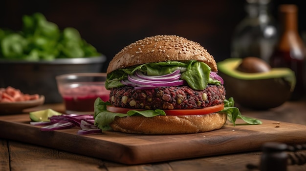 Een burger met tomatensaus erop