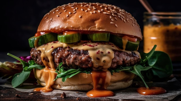 Een burger met veel saus erop