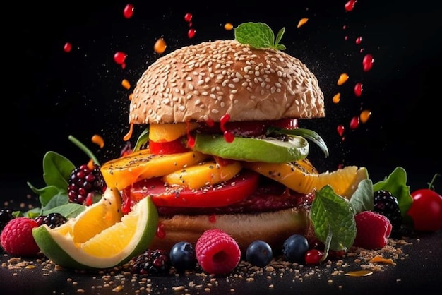 Een burger met verschillende soorten fruit en groenten erop