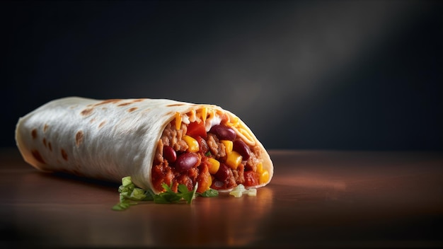 Een burrito met bonen en mais erop